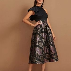 Ruffle Trim Jacquard Combo Dress